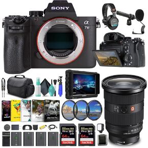 Sony Alpha a7 III Mirrorless Digital Camera Body Only ILCE7M3/B, Sony FE 24-70mm Lens, 4K Monitor, Pro Headphones, Pro Mic, 2 x 64GB Memory Card, 3 x NP-FZ-100 Battery, and More