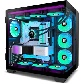 PC Case - Pre-Installed 6 PWM ARGB Fan, ATX Mid-Tower Gaming PC Case, 270° Panoramic Glass with Type-C, F600 (Black, F600)