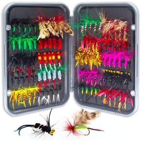 100-Piece Boxed Mixed Color Fly Fishing Flies Kit, Trout Bass Salmon Assortment, DEFINE, white, SNX01