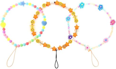 3pcs Beaded Phone Lanyard Wrist Strap Fruit Star Pearl Rainbow Color Beaded Phone Charm for Girls in Saudi Arabia