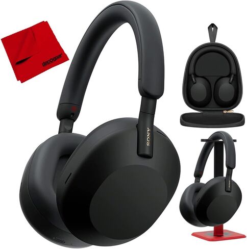 سماعات رأس Sony WH-1000XM5 اللاسلكية الرائدة في مجال إلغاء الضوضاء، حزمة فضية مع حامل سماعة الرأس Deco Gear Pro Audio - أسود مطفي + قطعة قماش للتنظيف من الألياف الدقيقة مقاس 6 × 6 بوصة in Kuwait