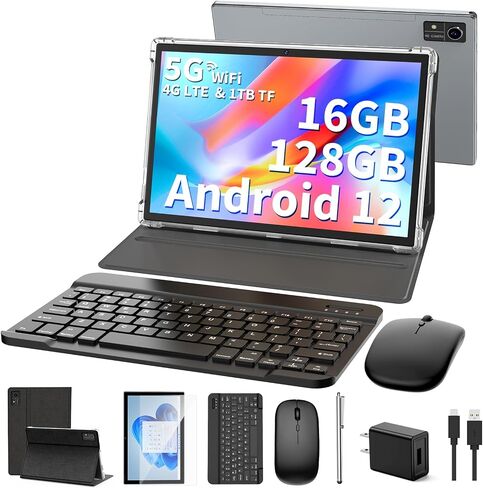 Android Tablet 10 inch, 2 in 1 Android 12 Tablet with 16GB + 128GB,1TB Expand, Octa-Core, Sim Card Slot, 5G WiFi, BT5.0, 8000mAh, 4G Cellular Tablet with Keyboard, Mouse, Case, Stylus(Black) in Saudi Arabia