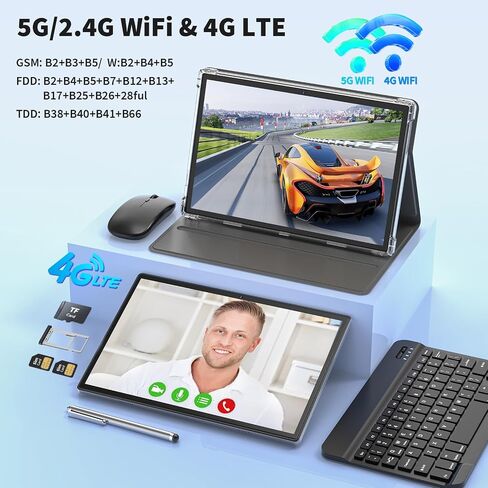 Android Tablet 10 inch, 2 in 1 Android 12 Tablet with 16GB + 128GB,1TB Expand, Octa-Core, Sim Card Slot, 5G WiFi, BT5.0, 8000mAh, 4G Cellular Tablet with Keyboard, Mouse, Case, Stylus(Black) in Saudi Arabia