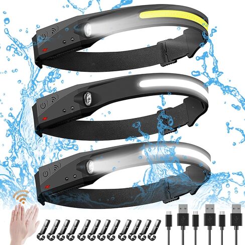 Headlamp 3 Pack, Rechargeable 230° Wide Beam Headlamps, 5 Lighting Modes, Motion Sensor Headlamp, Adjustable Headband, Lightweight Waterproof Headlight for Fishing, Camping… in Saudi Arabia