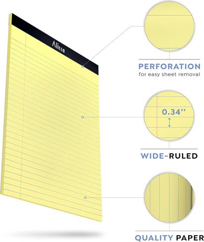 Alitte Yellow Legal Notepads 8.5 x 11, Pack of 12 - Perforated Wide Ruled Writing Pad - Premium Thick Paper, No Ink Bleeding - Blank Legal Pads For Home, Office, School, Business - 50 Sheets Per in Kuwait
