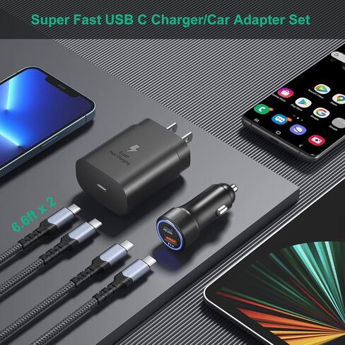 Super Fast Charger Type C,Bangfun 25W USB C Wall/Car Charger Adapter for Samsung Galaxy S24/S23/S22 Ultra/S21/S20 fe/S10,Note 20/10,A13/A53/A54/A71,Pixel 6A/7 Pro with 2Pack 6.6ft USB C Cable (Black) in Kuwait
