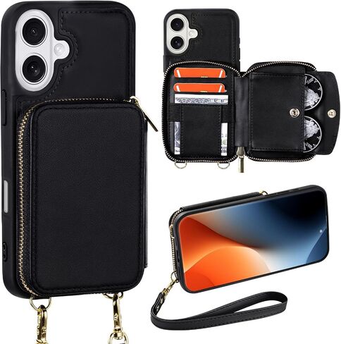Zipper Wallet Case Compatible with iPhone 16, Crossbody Card Holder Phone Purse, Leather Shockproof Protective Cover with Wrist Strap Lanyard for iPhone 16 6.1" 2024 - Black in Saudi Arabia