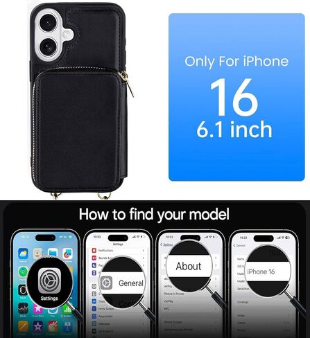 Zipper Wallet Case Compatible with iPhone 16, Crossbody Card Holder Phone Purse, Leather Shockproof Protective Cover with Wrist Strap Lanyard for iPhone 16 6.1" 2024 - Black in Saudi Arabia