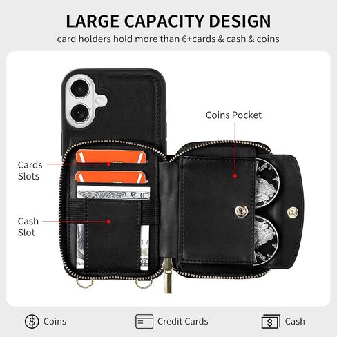 Zipper Wallet Case Compatible with iPhone 16, Crossbody Card Holder Phone Purse, Leather Shockproof Protective Cover with Wrist Strap Lanyard for iPhone 16 6.1" 2024 - Black in Saudi Arabia