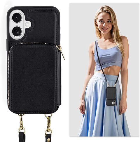 Zipper Wallet Case Compatible with iPhone 16, Crossbody Card Holder Phone Purse, Leather Shockproof Protective Cover with Wrist Strap Lanyard for iPhone 16 6.1" 2024 - Black in Saudi Arabia