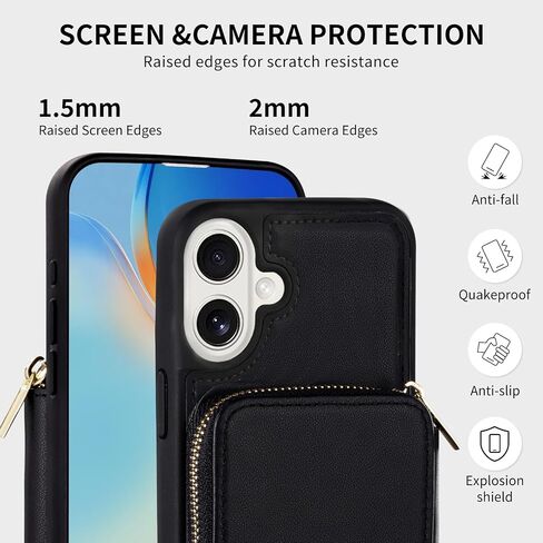 Zipper Wallet Case Compatible with iPhone 16, Crossbody Card Holder Phone Purse, Leather Shockproof Protective Cover with Wrist Strap Lanyard for iPhone 16 6.1" 2024 - Black in Saudi Arabia
