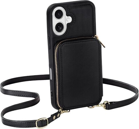 Zipper Wallet Case Compatible with iPhone 16, Crossbody Card Holder Phone Purse, Leather Shockproof Protective Cover with Wrist Strap Lanyard for iPhone 16 6.1" 2024 - Black in Saudi Arabia