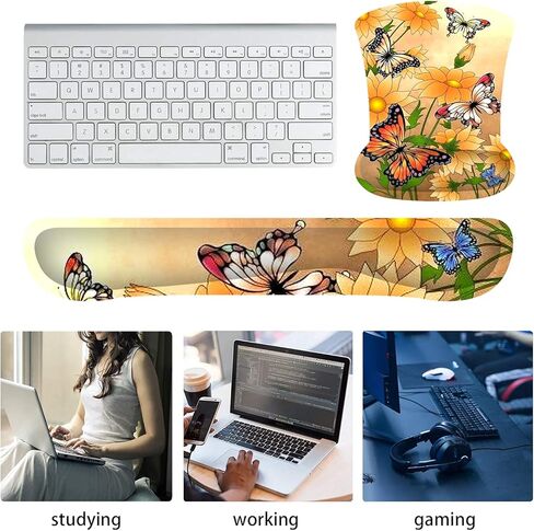 Keyboard Wrist Rest Pad and Mouse Pads with Wrist Rest Support Set Memory Foam Ergonomic Mouse Pad Easy Typing & Pain Relief for Home Office Computers,Laptop,Gaming-Butterfly Orange Flower in Kuwait