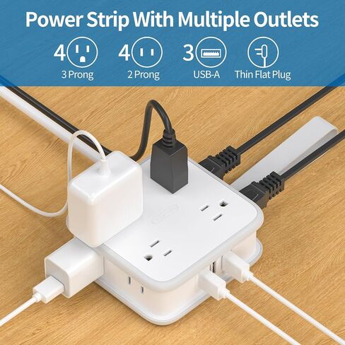 NTONPOWER قطاع طاقة بقابس مسطح، سلك تمديد بطول 5 أقدام مع منافذ متعددة، موسع 3 منافذ جانبية مع 8 منافذ واسعة و3 منافذ USB، حامل على الحائط، حماية من التحميل الزائد، فكرة للمنزل، النوم، السفر in Saudi Arabia
