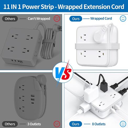 NTONPOWER قطاع طاقة بقابس مسطح، سلك تمديد بطول 5 أقدام مع منافذ متعددة، موسع 3 منافذ جانبية مع 8 منافذ واسعة و3 منافذ USB، حامل على الحائط، حماية من التحميل الزائد، فكرة للمنزل، النوم، السفر in Saudi Arabia