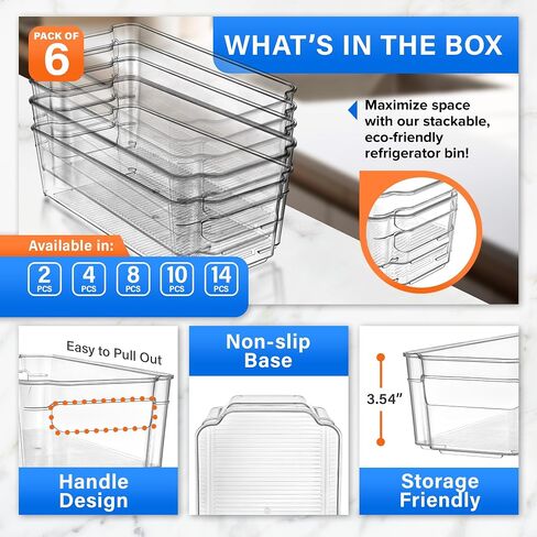 8-Piece Stackable Refrigerator Bin Organizer Set with Easy Grip Handles - Clear Multi-Purpose Storage Bins for Fridge and Pantry Use in Kuwait