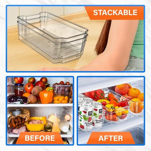 8-Piece Stackable Refrigerator Bin Organizer Set with Easy Grip Handles - Clear Multi-Purpose Storage Bins for Fridge and Pantry Use in Kuwait