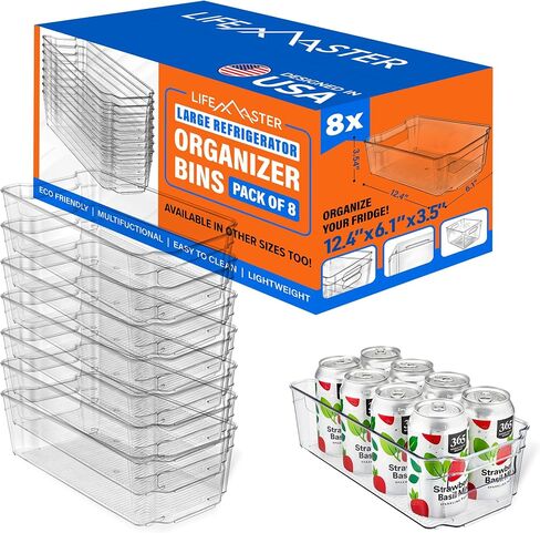8-Piece Stackable Refrigerator Bin Organizer Set with Easy Grip Handles - Clear Multi-Purpose Storage Bins for Fridge and Pantry Use in Kuwait