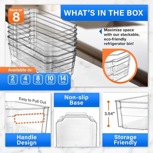 8-Piece Stackable Refrigerator Bin Organizer Set with Easy Grip Handles - Clear Multi-Purpose Storage Bins for Fridge and Pantry Use in Kuwait