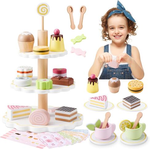 Wooden Tea Party Set, Tea Set for Little Girls 1-3 Toddler Tea Sets for Girls 2-4 with Wooden Toys Food Pretend Play Tea Party Wooden Kitchen Toys Playset Christmas Birthday Gift in Kuwait