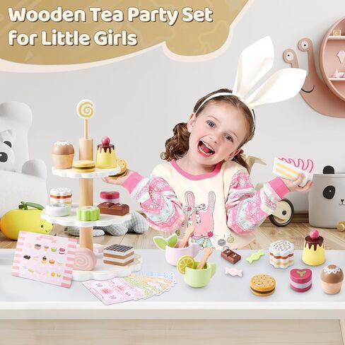 Wooden Tea Party Set, Tea Set for Little Girls 1-3 Toddler Tea Sets for Girls 2-4 with Wooden Toys Food Pretend Play Tea Party Wooden Kitchen Toys Playset Christmas Birthday Gift in Kuwait