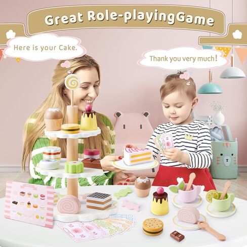 Wooden Tea Party Set, Tea Set for Little Girls 1-3 Toddler Tea Sets for Girls 2-4 with Wooden Toys Food Pretend Play Tea Party Wooden Kitchen Toys Playset Christmas Birthday Gift in Kuwait