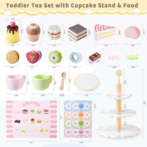 Wooden Tea Party Set, Tea Set for Little Girls 1-3 Toddler Tea Sets for Girls 2-4 with Wooden Toys Food Pretend Play Tea Party Wooden Kitchen Toys Playset Christmas Birthday Gift in Kuwait