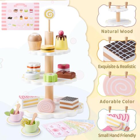 Wooden Tea Party Set, Tea Set for Little Girls 1-3 Toddler Tea Sets for Girls 2-4 with Wooden Toys Food Pretend Play Tea Party Wooden Kitchen Toys Playset Christmas Birthday Gift in Kuwait