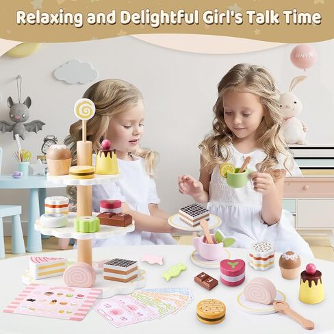 Wooden Tea Party Set, Tea Set for Little Girls 1-3 Toddler Tea Sets for Girls 2-4 with Wooden Toys Food Pretend Play Tea Party Wooden Kitchen Toys Playset Christmas Birthday Gift in Kuwait