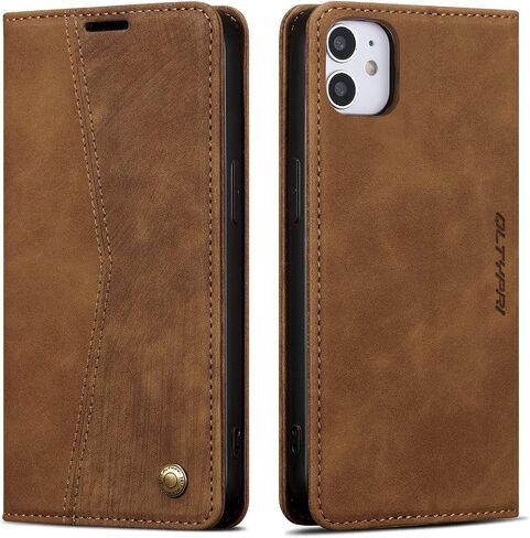 QLTYPRI Wallet Case for iPhone 11[6.1 Inch], Vintage Folio PU Leather Case with Card Slots Magnetic Closure Kickstand Flip Shockproof Phone Cover for iPhone 11 - Brown in Saudi Arabia