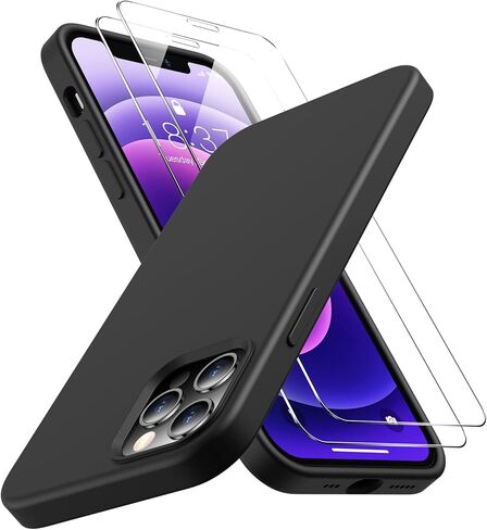 جراب SPIDERCASE مصمم لهاتف iPhone 12/iPhone 12 Pro، [مع قطعتين من واقي الشاشة الزجاجي المقوى] [تم اختبار السقوط من الدرجة العسكرية] حافظة رفيعة من السيليكون السائل مضادة للصدمات لهاتف iPhone 12/12 pro-أسود in Kuwait
