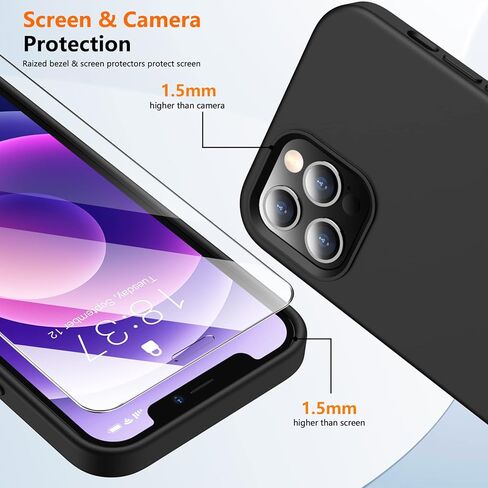 جراب SPIDERCASE مصمم لهاتف iPhone 12/iPhone 12 Pro، [مع قطعتين من واقي الشاشة الزجاجي المقوى] [تم اختبار السقوط من الدرجة العسكرية] حافظة رفيعة من السيليكون السائل مضادة للصدمات لهاتف iPhone 12/12 pro-أسود in Kuwait