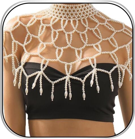 Bmirth لؤلؤة شال الجسم سلسلة اللؤلؤ الكتف القلائد مجوهرات الجسم مثير الصدرية شرابة الجسم سلسلة الصيف شاطئ الجسم اكسسوارات ملهى ليلي سلاسل الجسم الطرف in Kuwait