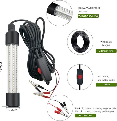 LED 12V Night Fishing Light, 12.6W Underwater Fishing Finder Light 1000LM, IP68 Fish Attracting Lamp, Green Light with 5M Power Cord in Kuwait