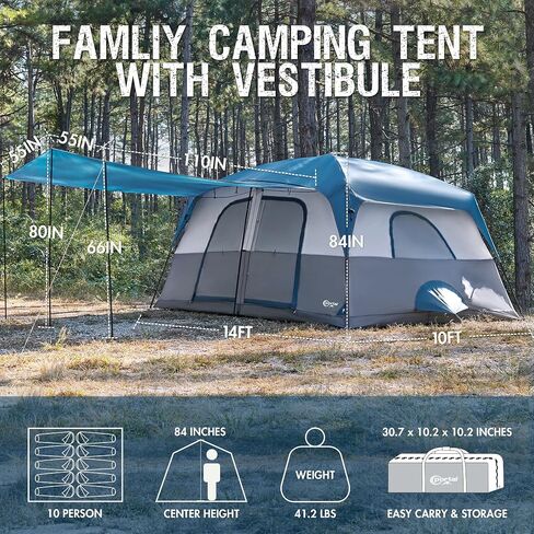 PORTAL Camping Tent, 6/8 /10 Person Instant Cabin Tent with Rainfly, Large Mesh Windows & Upgraded Ventilation, Portable Big Tents with Carry Bag for Family Outdoor, Backpacking, Hiking in Kuwait