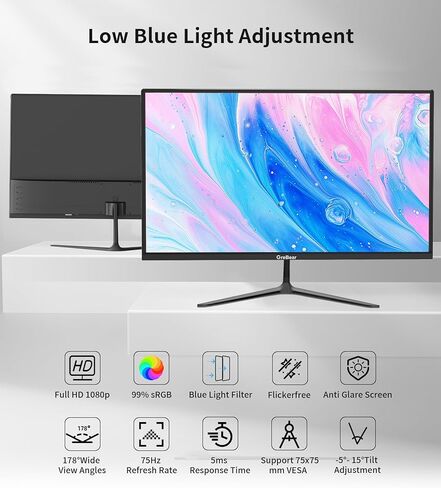 24 Inch Monitor 75Hz FHD IPS Computer Screen 1080P PC Monitor, 5ms(GTG) 99% sRGB Low Blue Light Anti-Glare LED Desktop Display HDMI/VGA/Audio/Freesync/VESA Tilt Adjustable in Kuwait