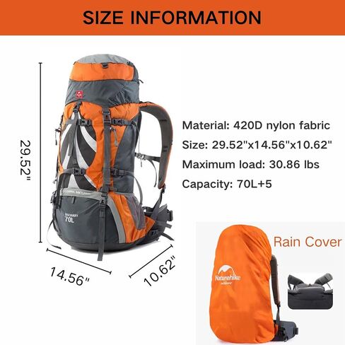 حقيبة ظهر Naturehike 70+5L خفيفة الوزن للمشي لمسافات طويلة، أقمشة مقاومة للتمزق - نظام حمل CR خفيف - حمل مريح للوزن (أسود) in Kuwait
