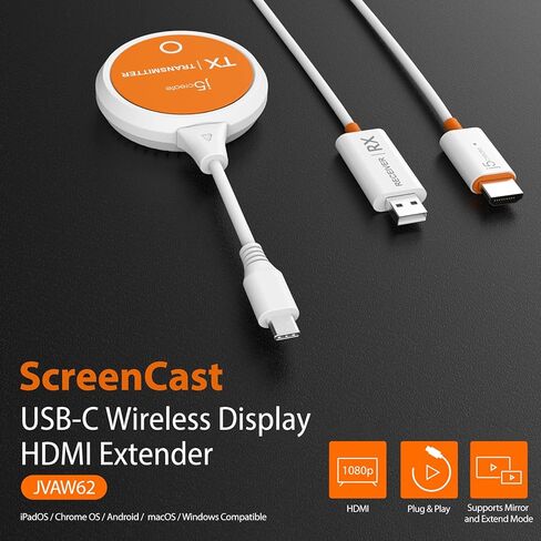 j5create ScreenCast USB-C إلى HDMI جهاز إرسال واستقبال لاسلكي للعرض، يدعم 1080 بكسل، متوافق مع MacBook، iPad Pro، ChromeOS، أجهزة الكمبيوتر المحمولة USB-C وAndroid (JVAW62) (متجدد) in Saudi Arabia