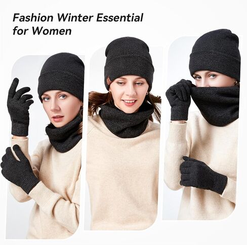 OZERO 3-Pieces Beanie Hat Scarf Gloves Set - Winter Knitted Set Touchscreen Gloves Slouchy Hat Neck Warmer Keep Warm in Saudi Arabia