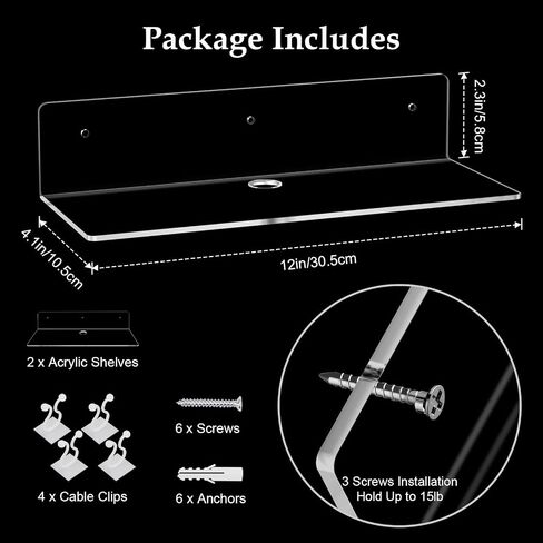 12" Black Acrylic Floating Shelves, 4 Pack Wall Shelf with Cable Clips, Small Floating Shelf for Expand Wall Display Space for Living Room, Bathroom, Gaming Room, Dorm Wall Decor in Kuwait