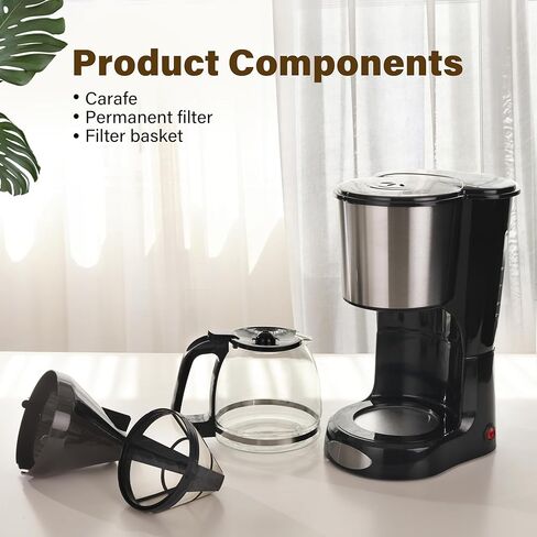 ماكينة صنع القهوة بالتنقيط 12 كوب من YSSOA، ماكينة قهوة مضادة للتنقيط، وظيفة الحفاظ على الدفء التلقائي، أواني قهوة شفافة لمستوى الماء، ماكينة صنع القهوة الصغيرة باللون الأسود، من الفولاذ المقاوم للصدأ in Kuwait