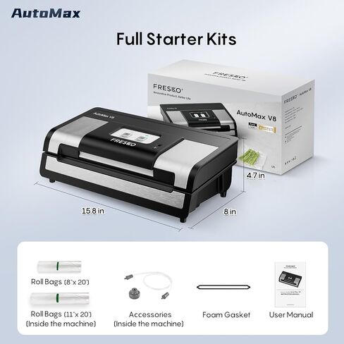 FRESKO Fully Automatic Vacuum Sealer, 140 Watts, Hands-Free Food Sealer with Dry/Moist Food Detection, 2 Rolls Bag, Built-in Cutter and Bag Storage in Kuwait