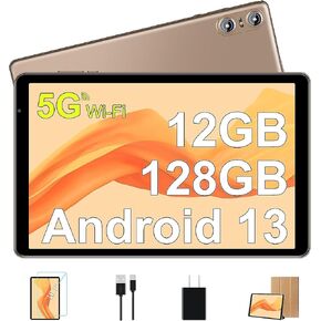 2024 Tablet 10 Inch Android 13 Tablet PC 12GB RAM + 128GB ROM TF 512 GB Octa-Core 2.0 GHz, Google GMS | Bluetooth 5.0 | 5G WiFi | 6000mAh | 1280 * 800 | 5MP+8MP, Tablet with Case Gold