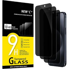 NEW'C 3 Pack Privacy Screen Protector for iPhone 15 Pro, iPhone 15 (6.1"), Balanced 35-Degree Privacy Angle with Eye Protection, Ultra Durable 9H Hardness, Bubble-Free