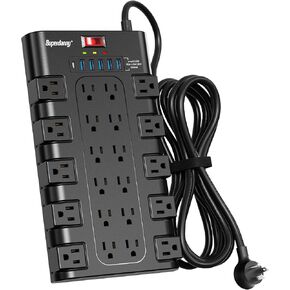 Surge Protector, SUPERDANNY Power Strip with 22 AC Outlets and 6 USB Charging Ports, 1875W/15A, 2100 Joules, 6.5Ft Flat Plug Heavy Duty Extension Cord for Home, Office, Dorm, Gaming Room, Black