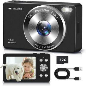 4K Digital Camera, VITALUXE FHD Kids Camera, Real 13MP 16x Zoom Autofocus, 2.83'' LCD Screen, Long Lasting, Compact Small Vintage Camera with 32G Card, Best Gift for Kids, Teens, Girl, Boy, Beginngers
