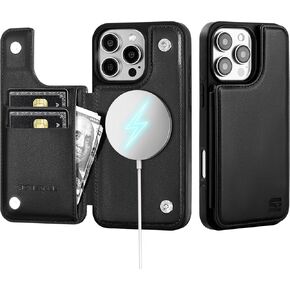Compatible with Magsafe for iPhone 16 Pro Max Wallet Case with Card Holder,Women Men Phone Case PU Leather Kickstand Flip Protective Cover Credit Card Slots for Apple 16 ProMax,Black