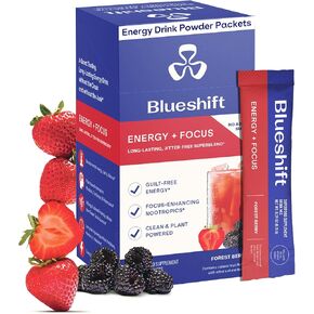 Blueshift Energy + Focus, Clean Energy Drink Powder With Natural Caffeine & Vitamin B12, Aminos, L-Theanine, Natural, Sugar Free Energy & Focus, Forest Berry, 14 Pack