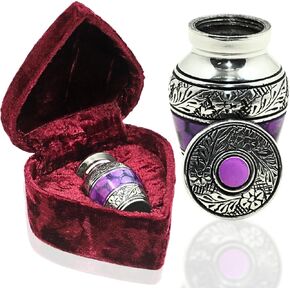Elegant Mini Purple Keepsake Urn with Floral Engravings - Heart-Shaped Red Velvet Box for Ashes and Memorials