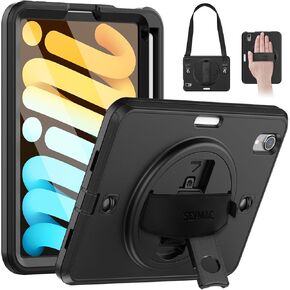 SEYMAC Case for iPad Mini 7 (A17 Pro) 2024/ Mini 6 8.3 Inch, Shockproof Protective Case with Screen Protector, Stand, Hand/Shoulder Strap and Pencil Holder for iPad Mini 7th/6th Generation, Black